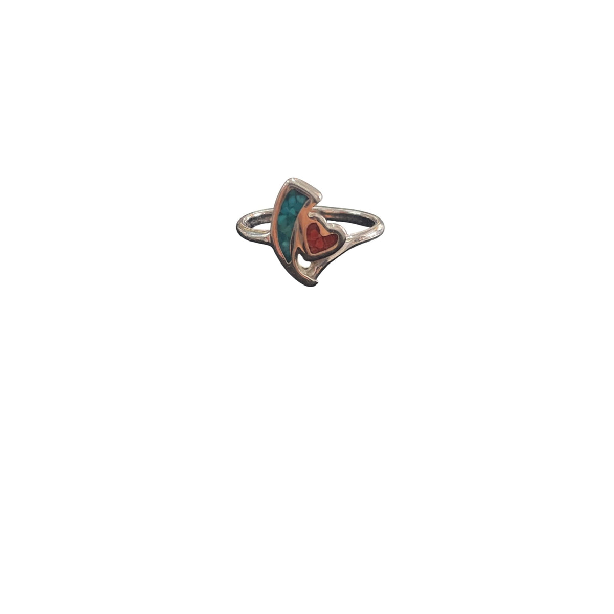 Sterling Silver Womens Turquoise & Coral Heart Design Ring Boho Style Adjustable Band