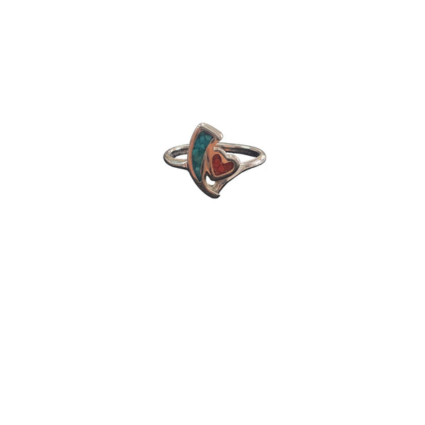 Sterling Silver Womens Turquoise & Coral Heart Design Ring Boho Style Adjustable Band