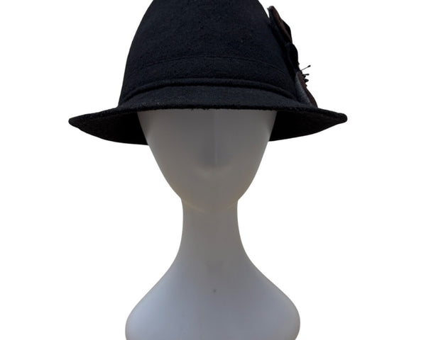 Black Cloche Hat With Brown Floral Accent & Bead Details - One Size