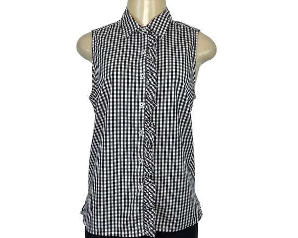 Izod Black & White Gingham Sleeveless Button-Up Top With Ruffle Front Sz SP