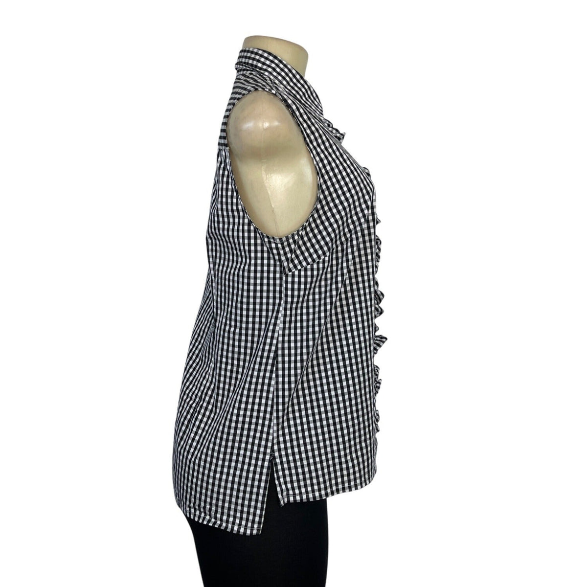 Izod Black & White Gingham Sleeveless Button-Up Top With Ruffle Front Sz SP
