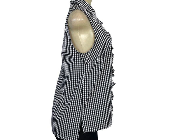 Izod Black & White Gingham Sleeveless Button-Up Top With Ruffle Front Sz SP