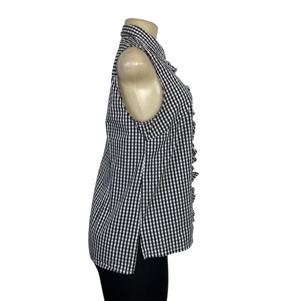 Izod Black & White Gingham Sleeveless Button-Up Top With Ruffle Front Sz SP