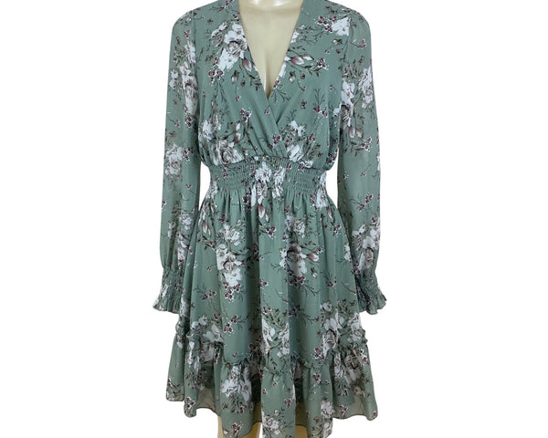 Prettywear Women's Sage Floral Long Sleeve Blousson Dress Sz M - New