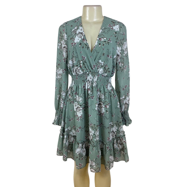 Prettywear Women's Sage Floral Long Sleeve Blousson Dress Sz M - New