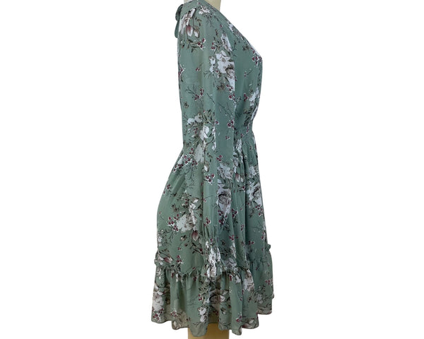 Prettywear Women's Sage Floral Long Sleeve Blousson Dress Sz M - New