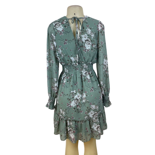 Prettywear Women's Sage Floral Long Sleeve Blousson Dress Sz M - New
