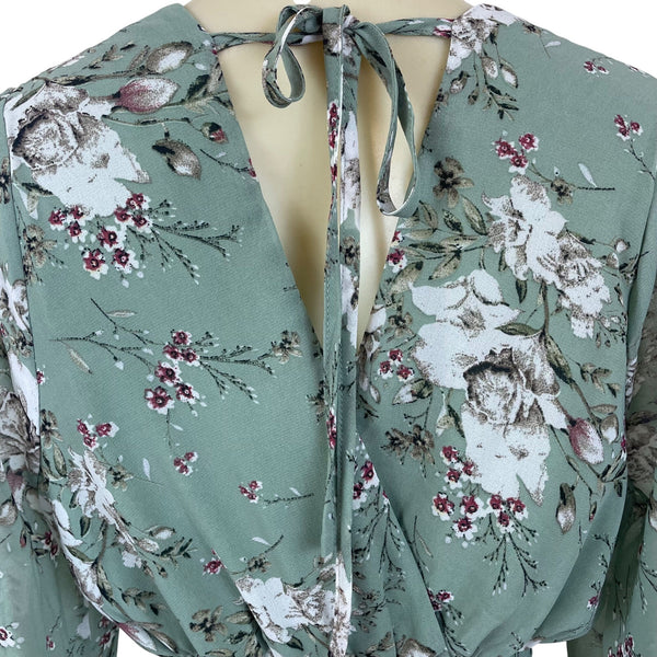 Prettywear Women's Sage Floral Long Sleeve Blousson Dress Sz M - New