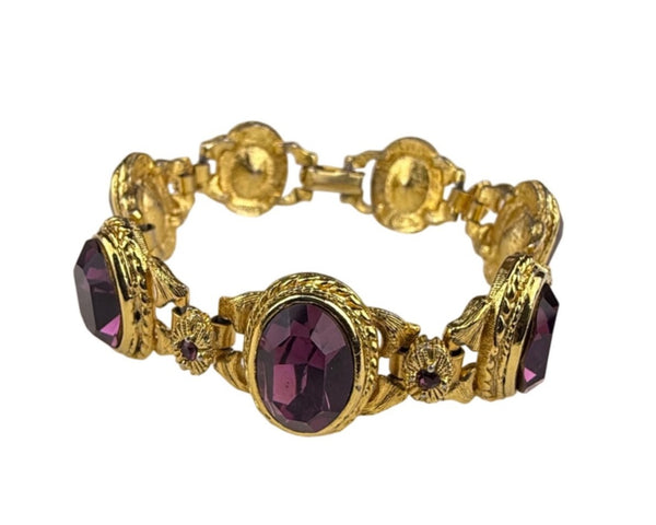 Gold Tone Purple Amethyst-Inspired Vintage Bracelet Ornate Detailed Clasp
