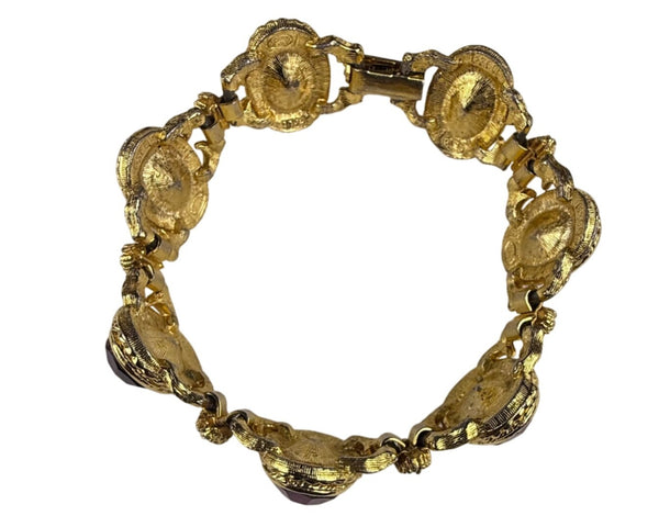 Gold Tone Purple Amethyst-Inspired Vintage Bracelet Ornate Detailed Clasp