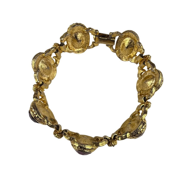 Gold Tone Purple Amethyst-Inspired Vintage Bracelet Ornate Detailed Clasp