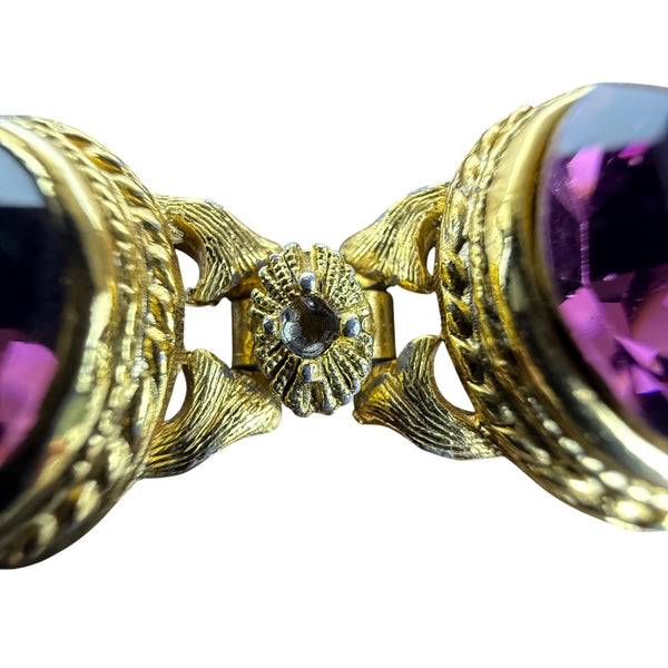 Gold Tone Purple Amethyst-Inspired Vintage Bracelet Ornate Detailed Clasp