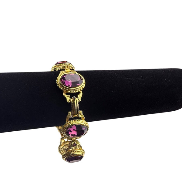 Gold Tone Purple Amethyst-Inspired Vintage Bracelet Ornate Detailed Clasp