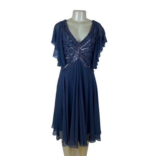 Jkara Womens Navy Polyester Beaded Flutter Sleeve Chiffon Cocktail Dress Size 8