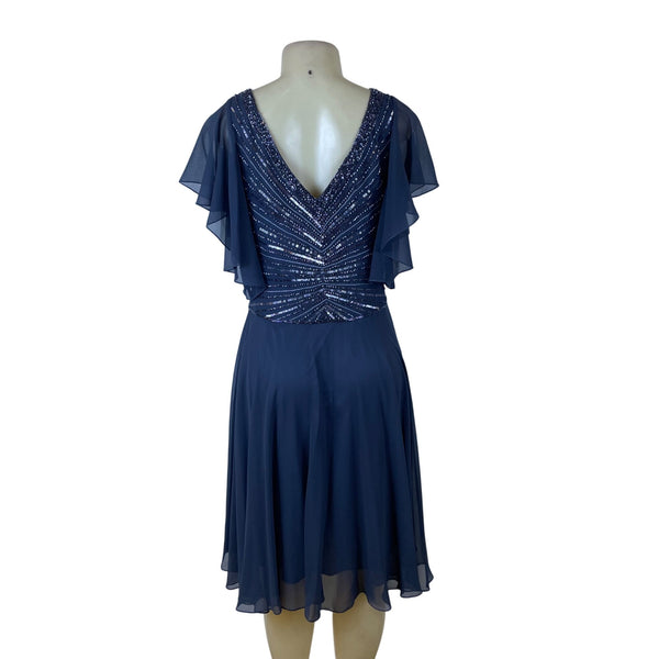 Jkara Womens Navy Polyester Beaded Flutter Sleeve Chiffon Cocktail Dress Size 8