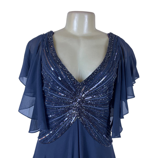 Jkara Womens Navy Polyester Beaded Flutter Sleeve Chiffon Cocktail Dress Size 8