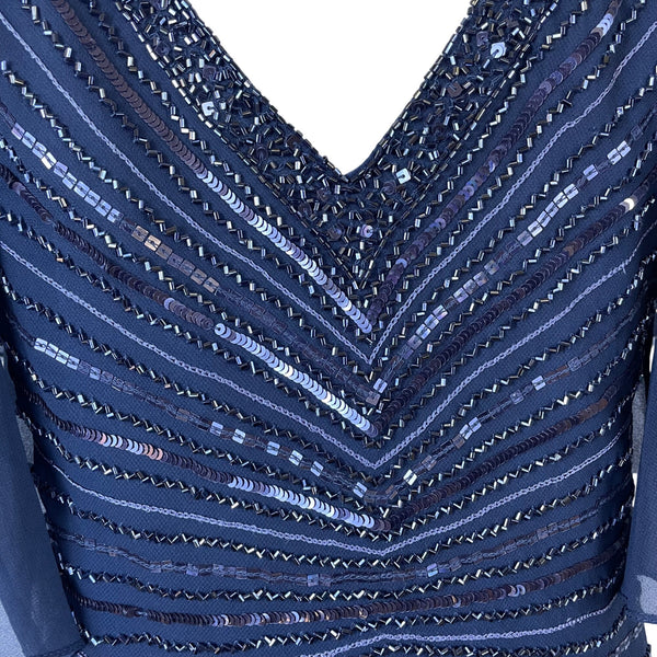 Jkara Womens Navy Polyester Beaded Flutter Sleeve Chiffon Cocktail Dress Size 8