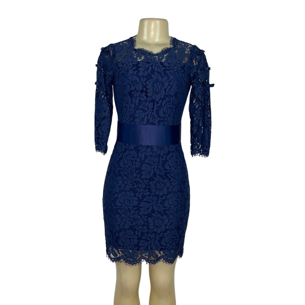 Multiflora Lace Dress With Satin Bow Accents On Sleeves Sheer Back Sz S