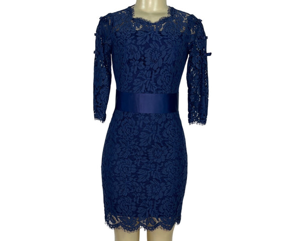 Multiflora Lace Dress With Satin Bow Accents On Sleeves Sheer Back Sz S