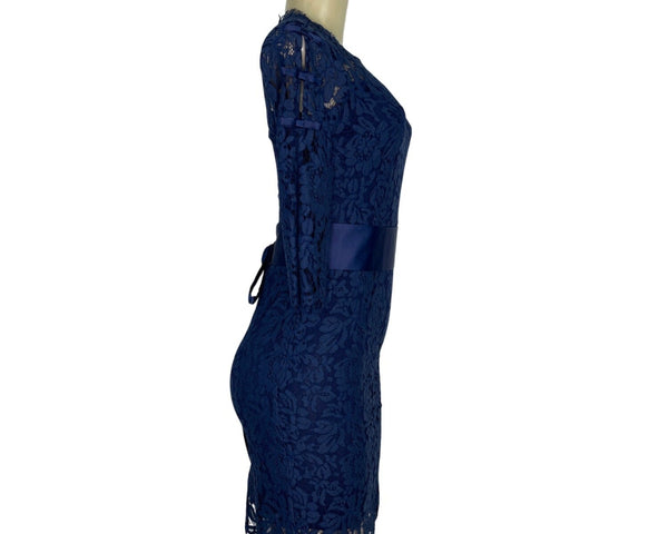 Multiflora Lace Dress With Satin Bow Accents On Sleeves Sheer Back Sz S