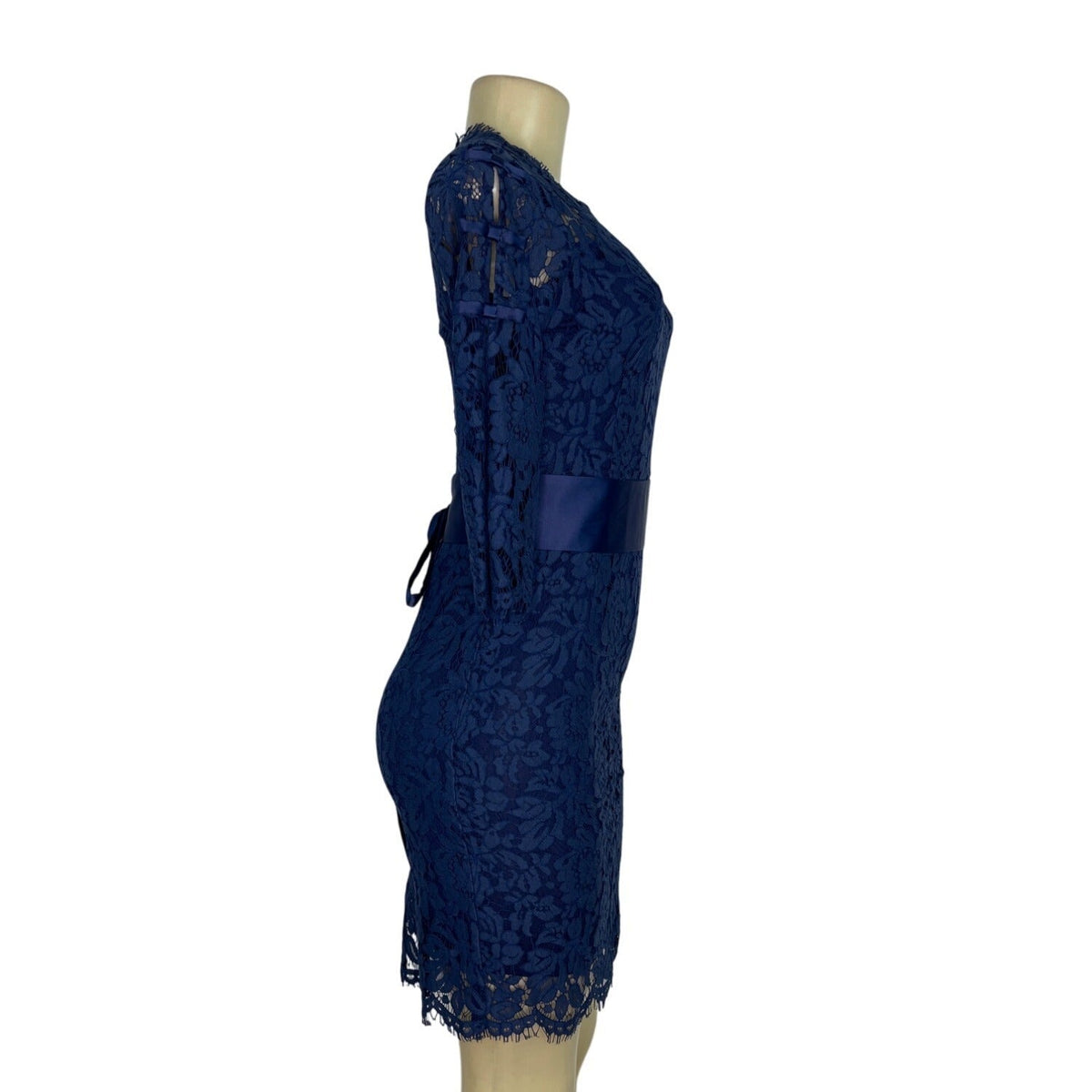 Multiflora Lace Dress With Satin Bow Accents On Sleeves Sheer Back Sz S