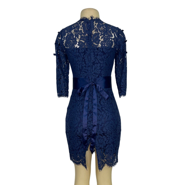 Multiflora Lace Dress With Satin Bow Accents On Sleeves Sheer Back Sz S
