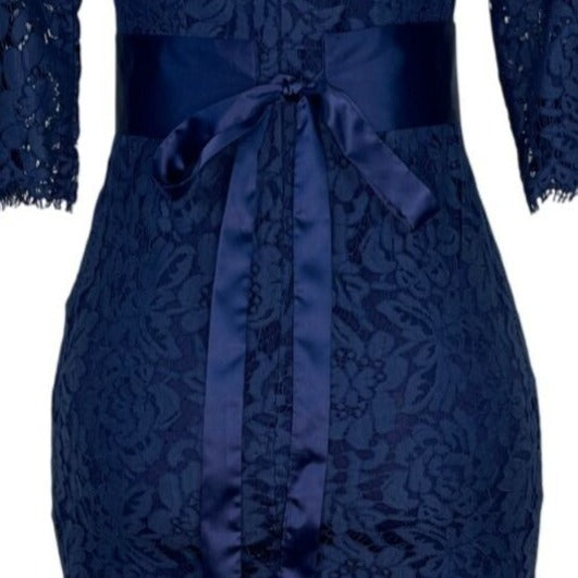 Multiflora Lace Dress With Satin Bow Accents On Sleeves Sheer Back Sz S