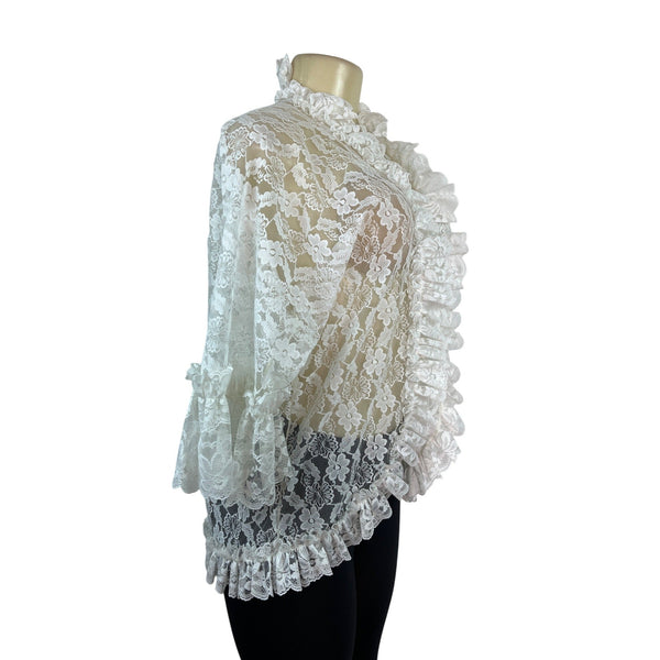Vintage Dolores Lace Ruffle Sheer Cardigan Top White Floral Design Size M