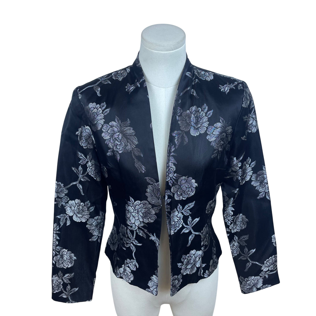 Jessica McClintock Women's Black Floral Print Satin Jacket Size 4