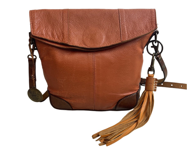 Will Leather Goods Women's Tan Brown Leather Fold Over Crossbody Bag Sz M