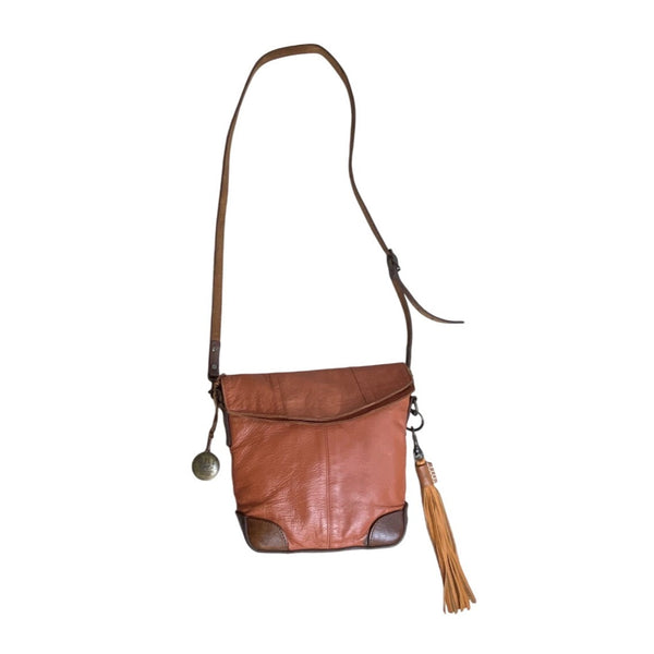 Will Leather Goods Women's Tan Brown Leather Fold Over Crossbody Bag Sz M