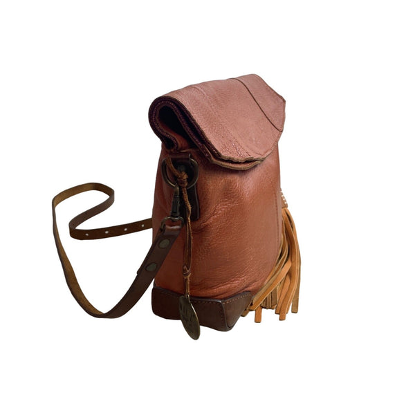 Will Leather Goods Women's Tan Brown Leather Fold Over Crossbody Bag Sz M