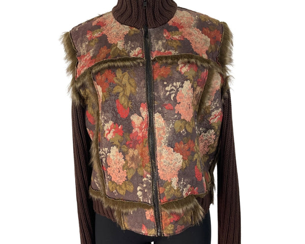 Floral Print Brown Faux Fur Coat Women’s Casual Zipper Closure Size M