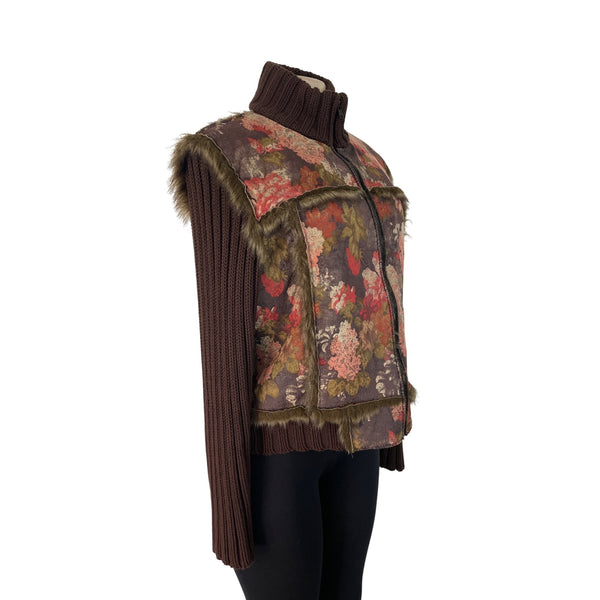 Floral Print Brown Faux Fur Coat Women’s Casual Zipper Closure Size M
