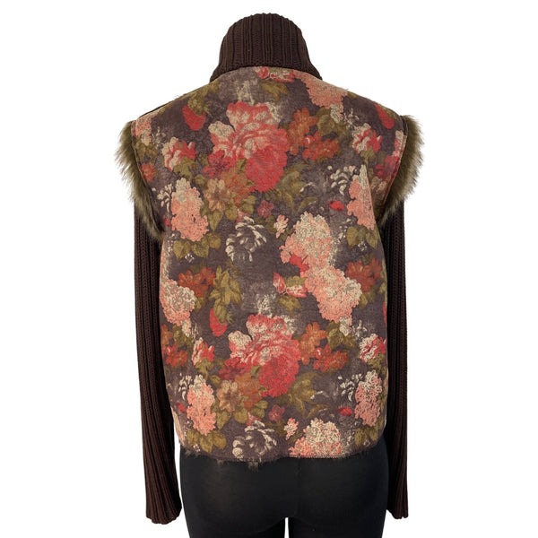 Floral Print Brown Faux Fur Coat Women’s Casual Zipper Closure Size M