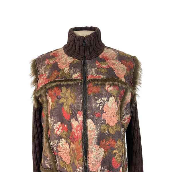 Floral Print Brown Faux Fur Coat Women’s Casual Zipper Closure Size M