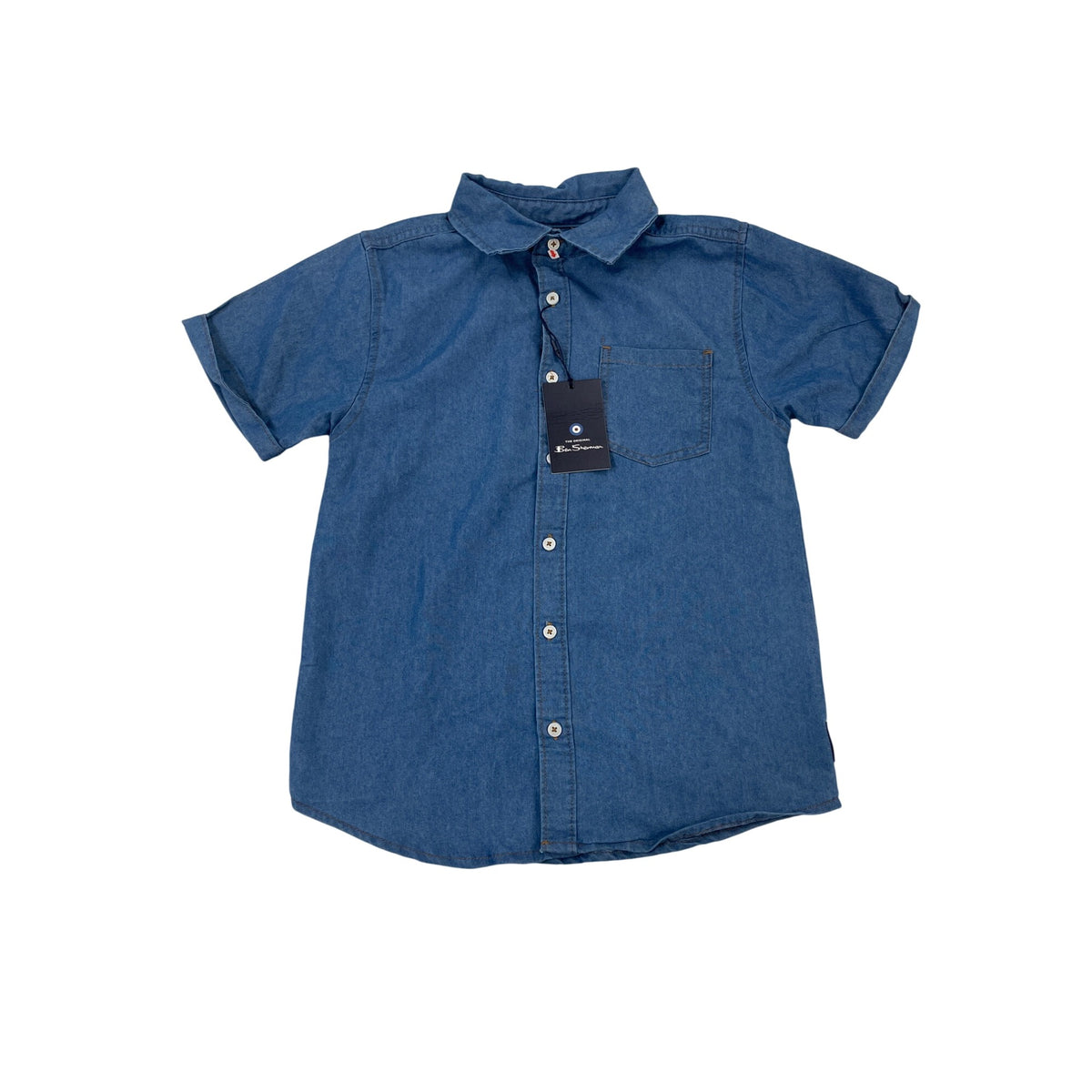 Ben Sherman Boys Short Sleeve Denim Shirt Blue Button-Up Size S - New
