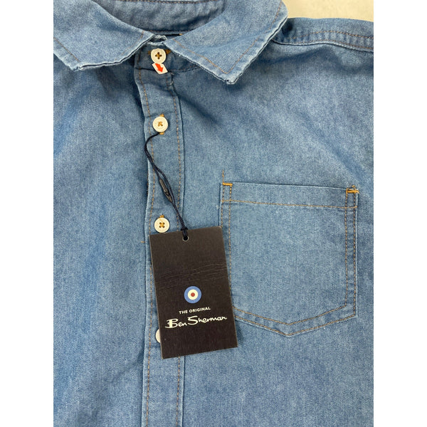 Ben Sherman Boys Short Sleeve Denim Shirt Blue Button-Up Size S - New
