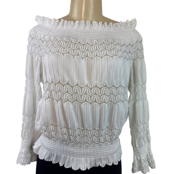 White Crochet Smocked Off-Shoulder Top By J.O.A. Los Angeles Blouse Sz P - New