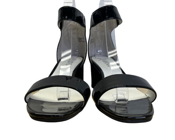 Amiana Women’s Black Patent Faux Leather Ankle Strap Block Heel Sandals Sz 7.5