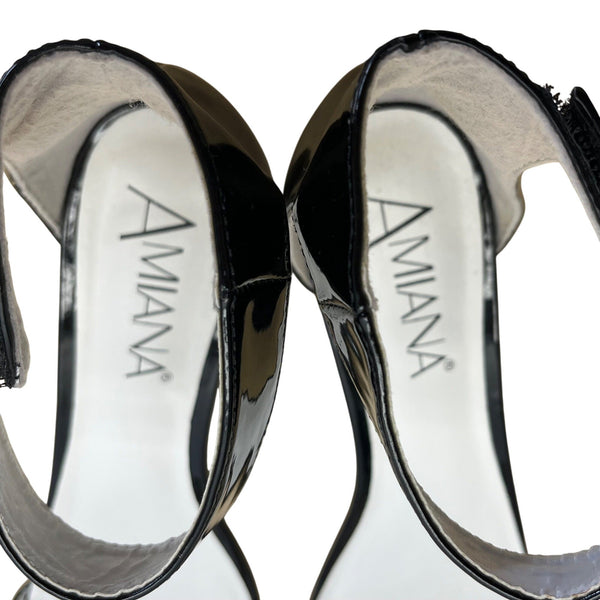 Amiana Women’s Black Patent Faux Leather Ankle Strap Block Heel  Sandals  Sz 7.5