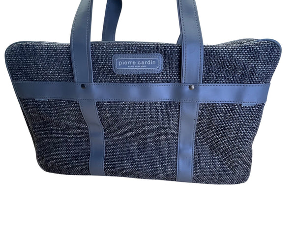 Pierre Cardin Blue & Black Tweed Tote Bag With Faux Leather Trim Size L