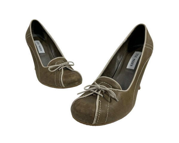 Steve Madden Women's Olive Green Leather Penalope Lace Up Round Toe Pumps Sz 9.5