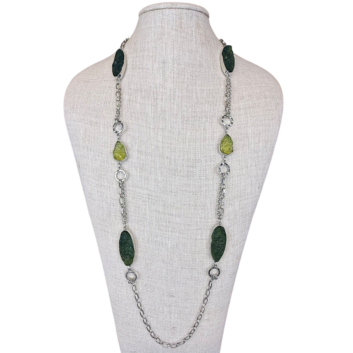 Chicos Womens Green & Silver-Tone Double Strand Chain Necklace Elegant Piece