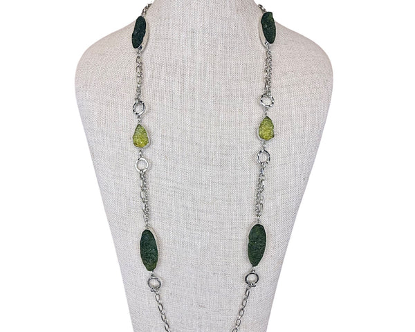 Chicos Womens Green & Silver-Tone Double Strand Chain Necklace Elegant Piece