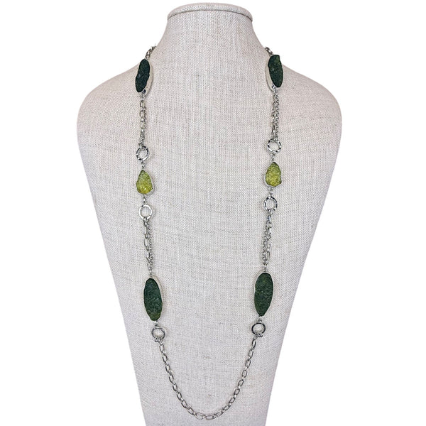Chicos Womens Green & Silver-Tone Double Strand Chain Necklace Elegant Piece