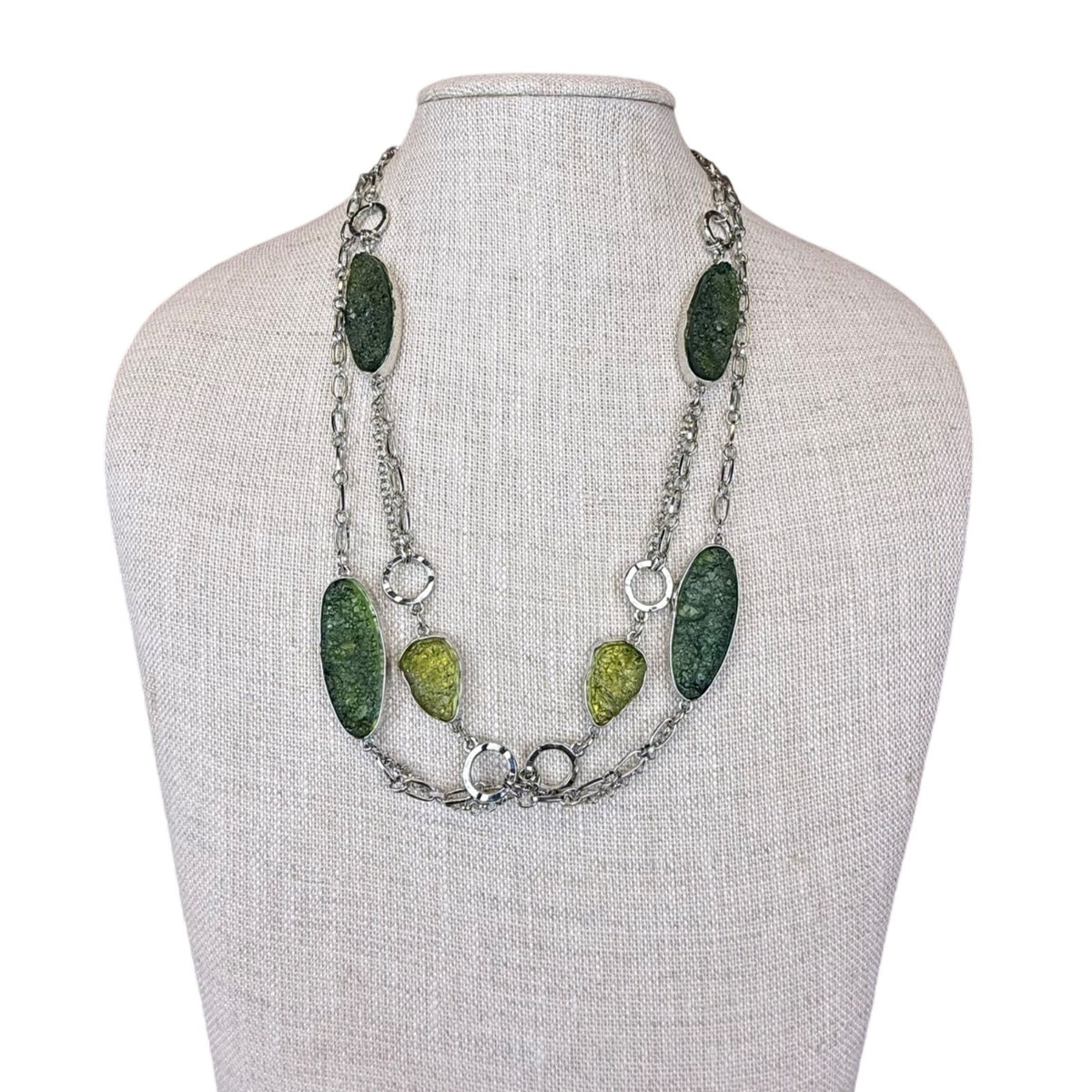 Chicos Womens Green & Silver-Tone Double Strand Chain Necklace Elegant Piece