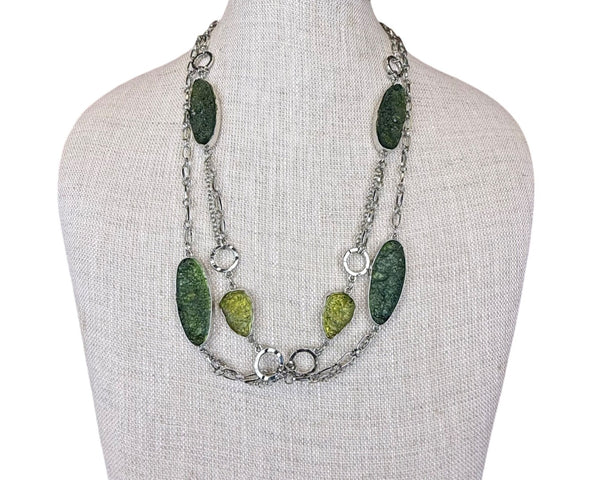 Chicos Womens Green & Silver-Tone Double Strand Chain Necklace Elegant Piece