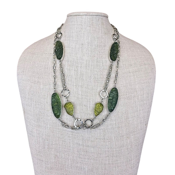 Chicos Womens Green & Silver-Tone Double Strand Chain Necklace Elegant Piece