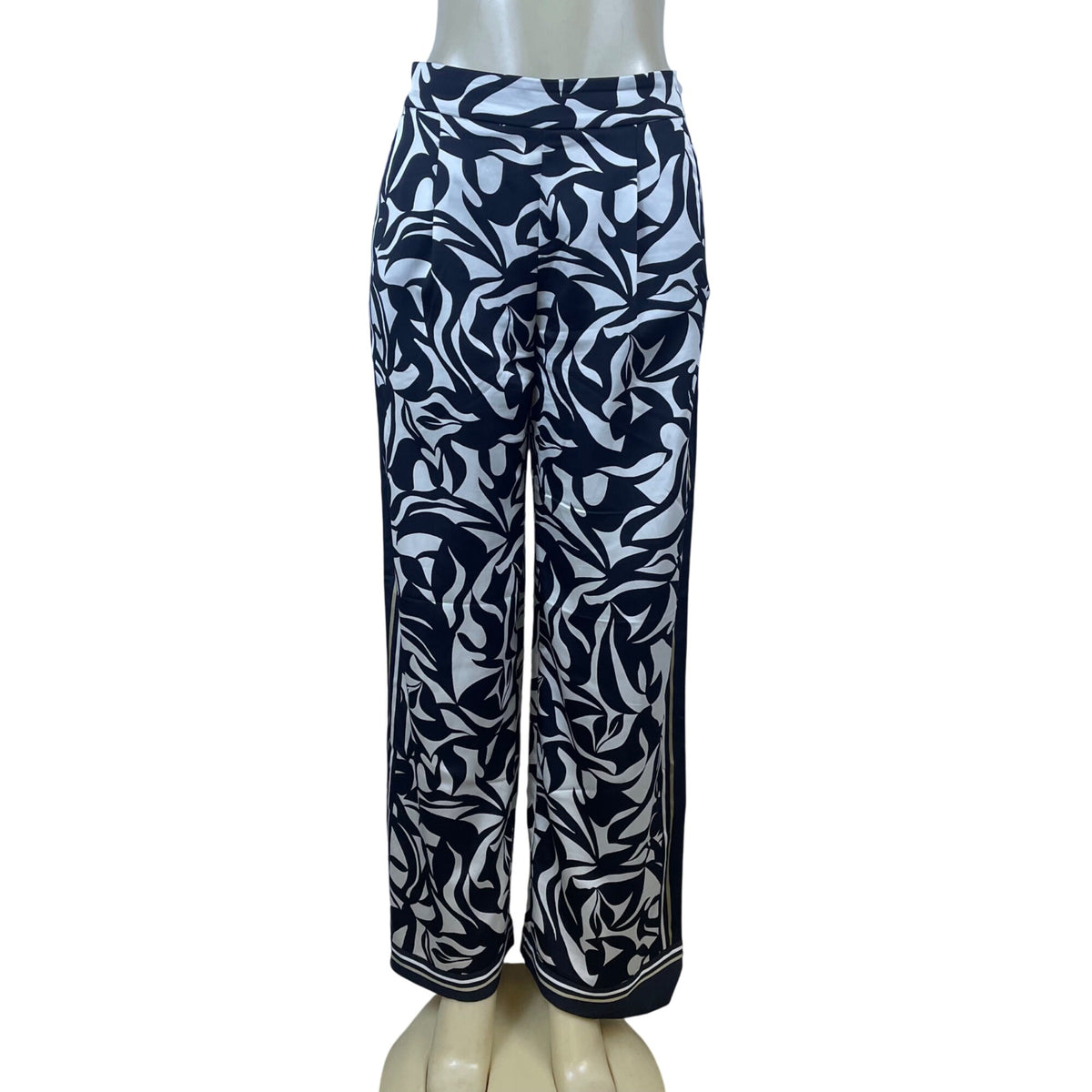 Loft Women’s Black White Polyester Wide-Leg Printed Pants Elastic Waist Sz XS